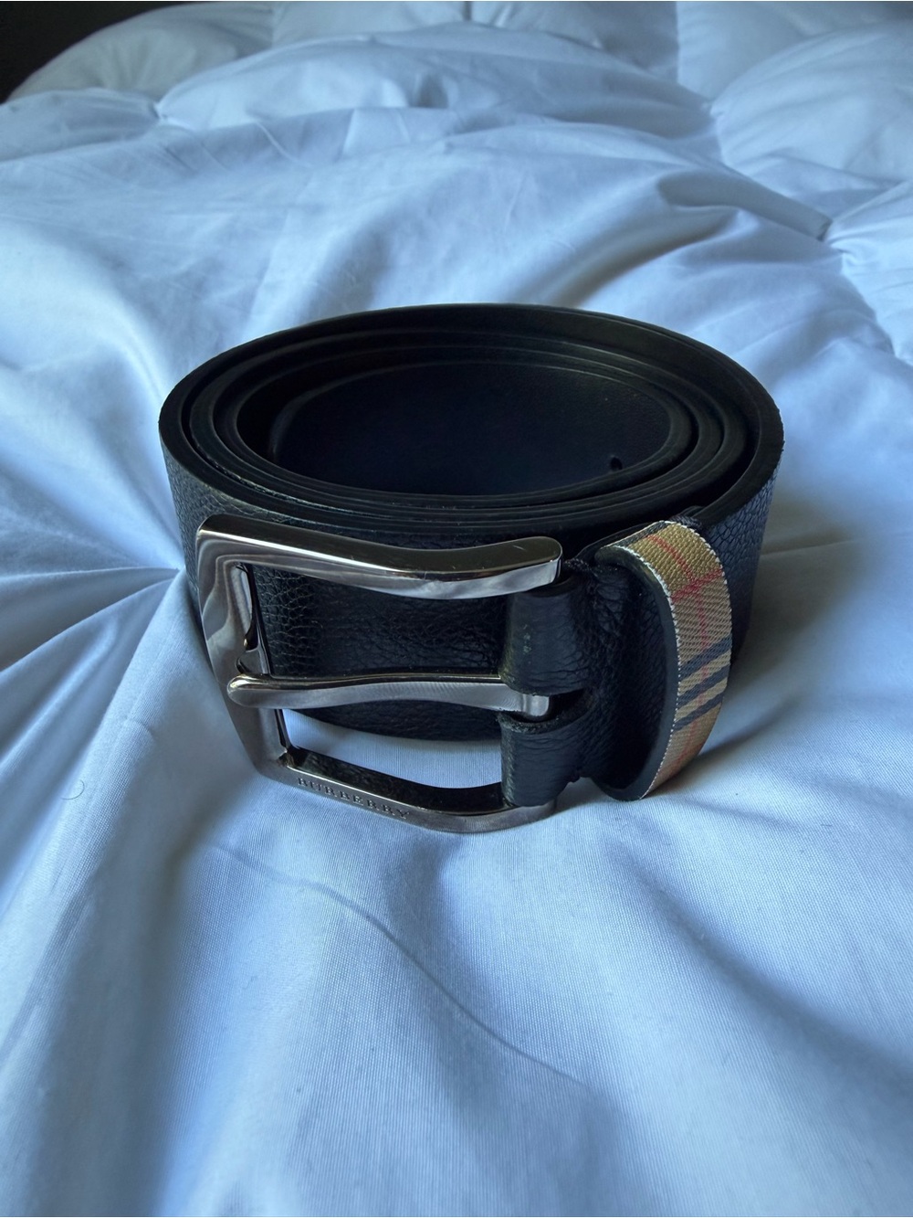 Men's Black Leather Burberry Belt with Checkered Loop